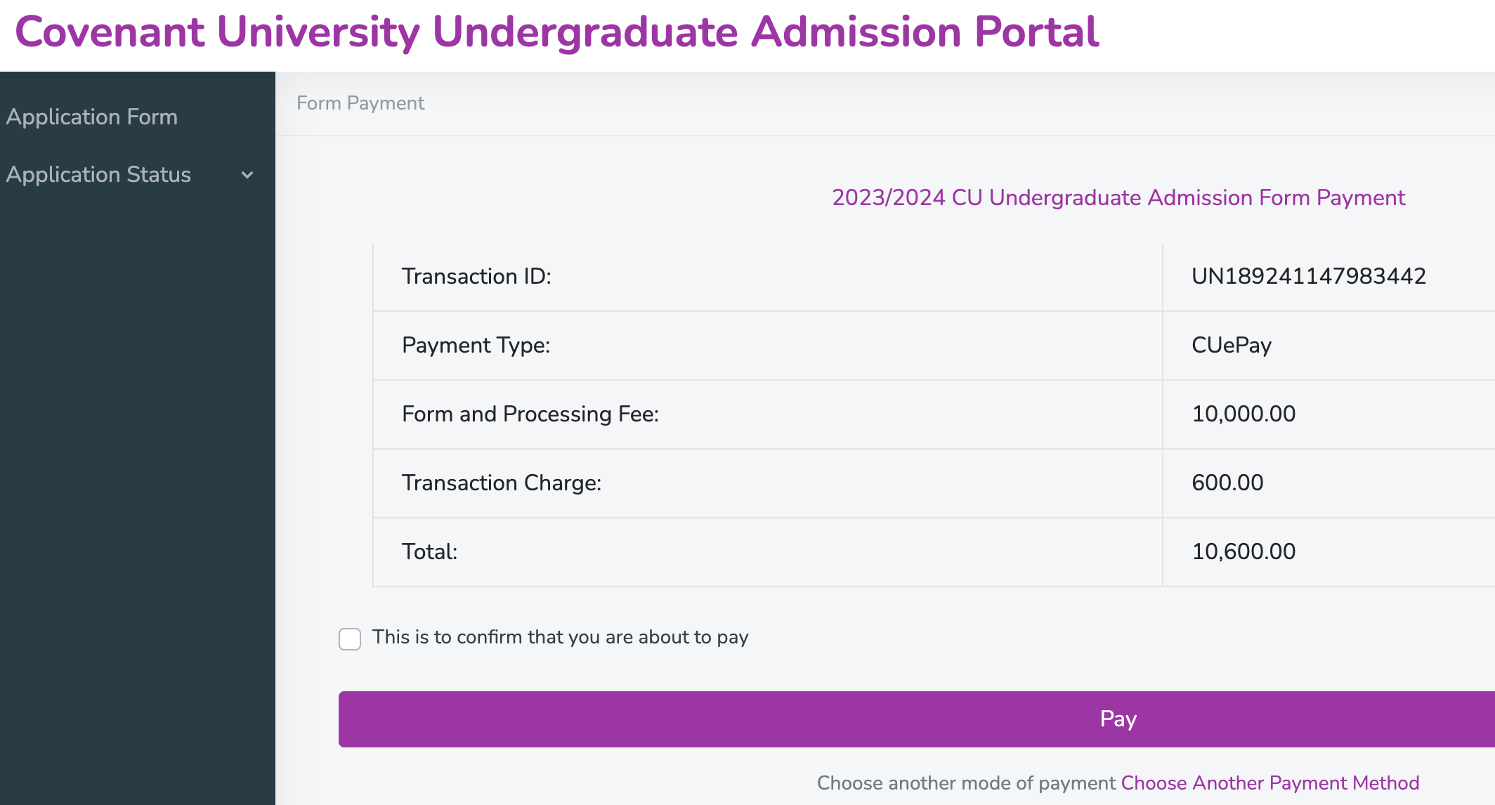 Covenant University has a payment gateway on their admission portal