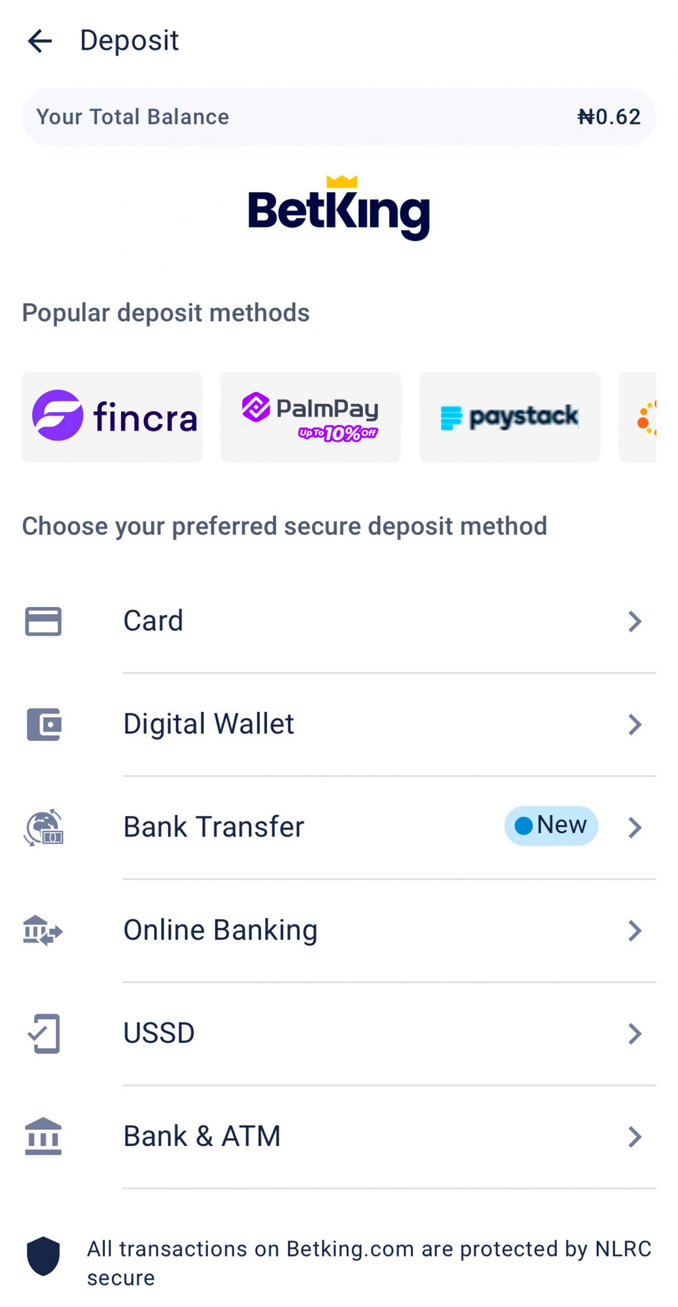 BetKing has Fincra's Pay with Transfer as a payment option on its platform.