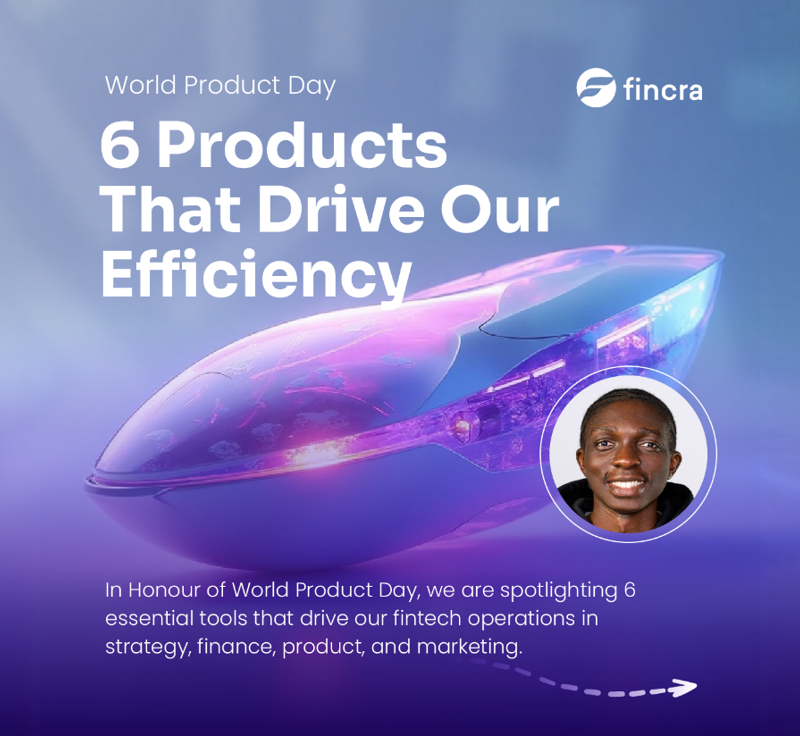 Fincra World Product Day banner featuring a futuristic device and highlighting 6 products used to improve efficiency across fintech teams.