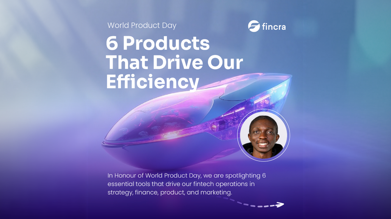 Fincra World Product Day banner featuring a futuristic device and highlighting 6 products used to improve efficiency across fintech teams.